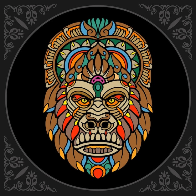 Colorful gorilla zentangle arts isolated on black background