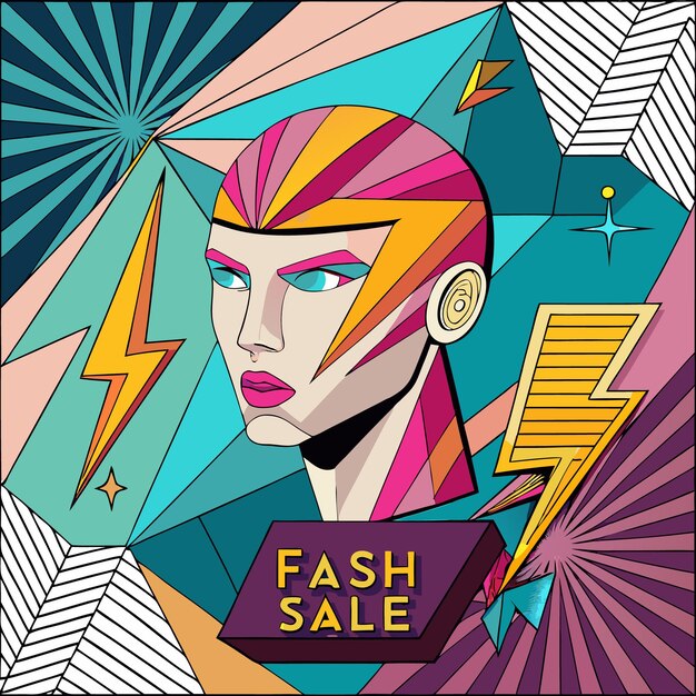 Vector colorful graphic design featuring a stylized face and lightning bolts