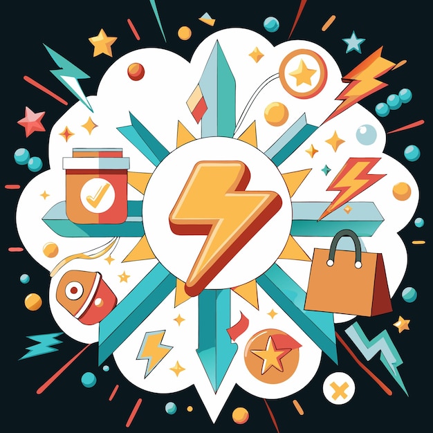 Vector colorful graphic featuring lightning bolts and various icons