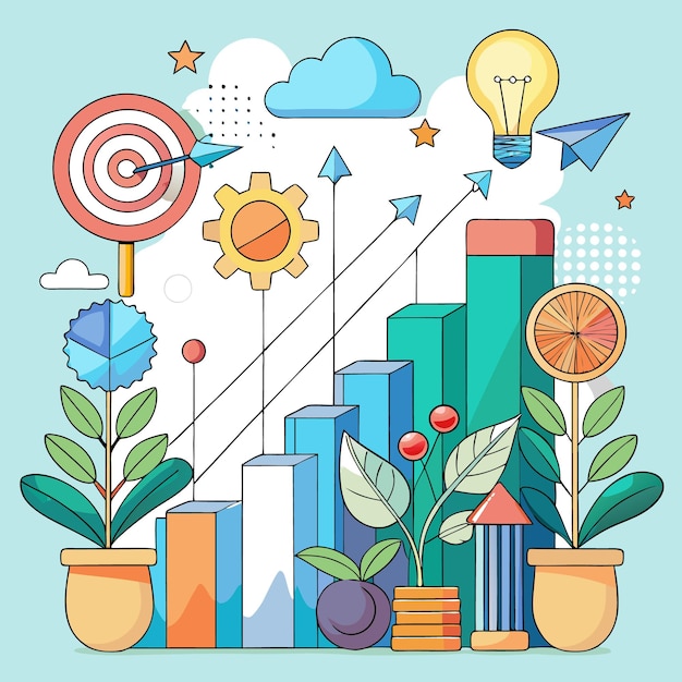 Vector colorful graphic illustrating growth with charts plants and ideas