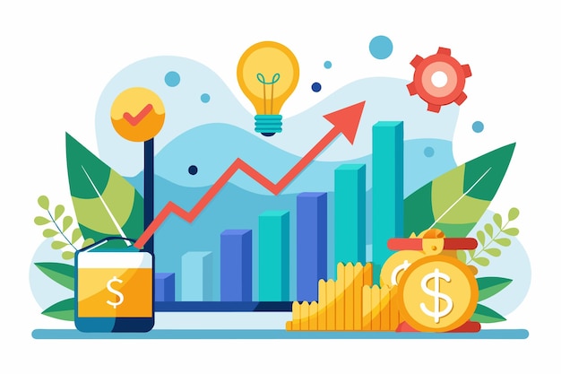 A colorful graphic shows a rising profit chart coins and lightbulbs symbolizing investment opportunities and growth Investing and getting profit concept