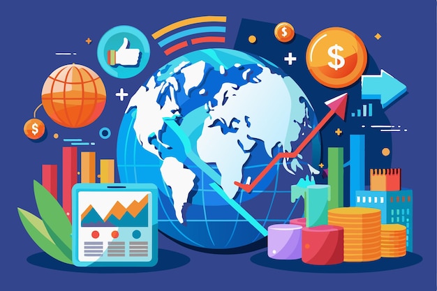 Colorful graphical elements showcase global stock market trends and investment opportunities Global stock markets world or international investments financial analysis or business income growth