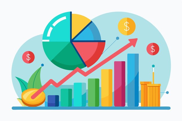 Colorful graphs illustrate growing business profits with dollar symbols and a forwardmoving arrow Increase in business profits concept