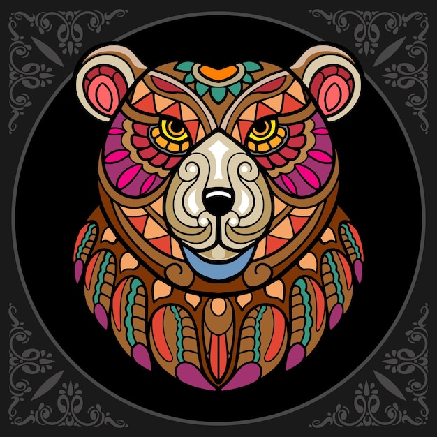 Colorful grizzly bear head zentangle arts isolated on black background