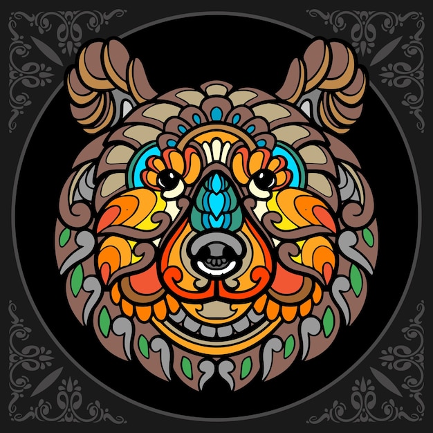 Colorful grizzly bear zentangle arts isolated on black background