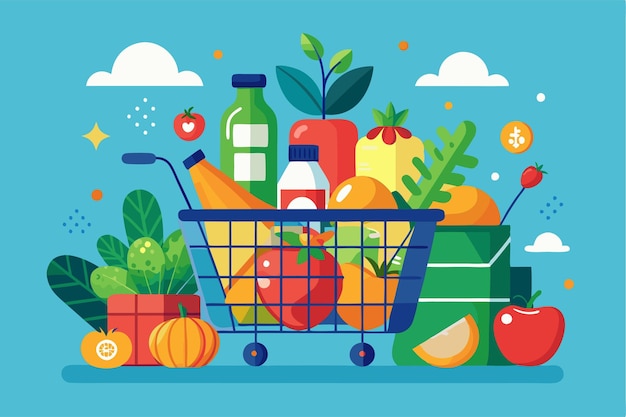 A colorful grocery cart is filled with various fresh fruits vegetables and beverages set against a bright background Customizable flat illustration for grocery shopping