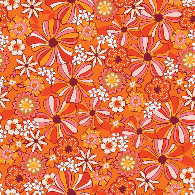 Colorful Groovy flowers seamless pattern vector illustration hippie aesthetic floral Design for fashion fabric textile wallpaper cover web wrapping