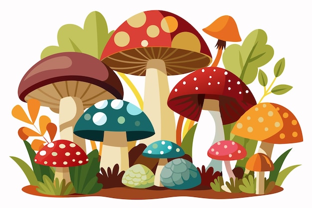 Vector a colorful group of mushrooms in a forest setting