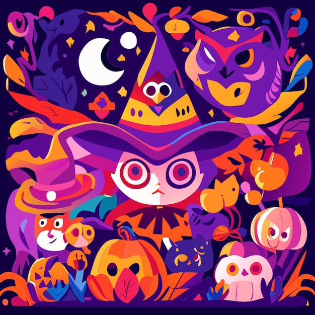 a colorful halloween border with witch in the style of playful motifs violet and orange playful