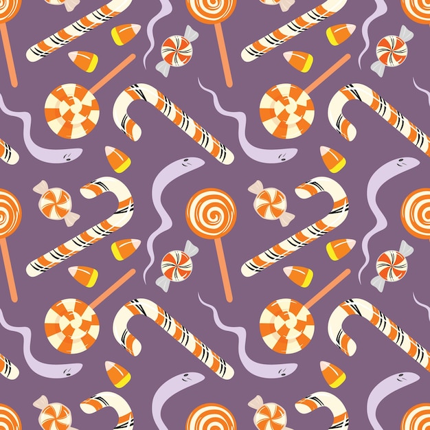 Colorful Halloween pattern with candies lollopops and funny ghosts