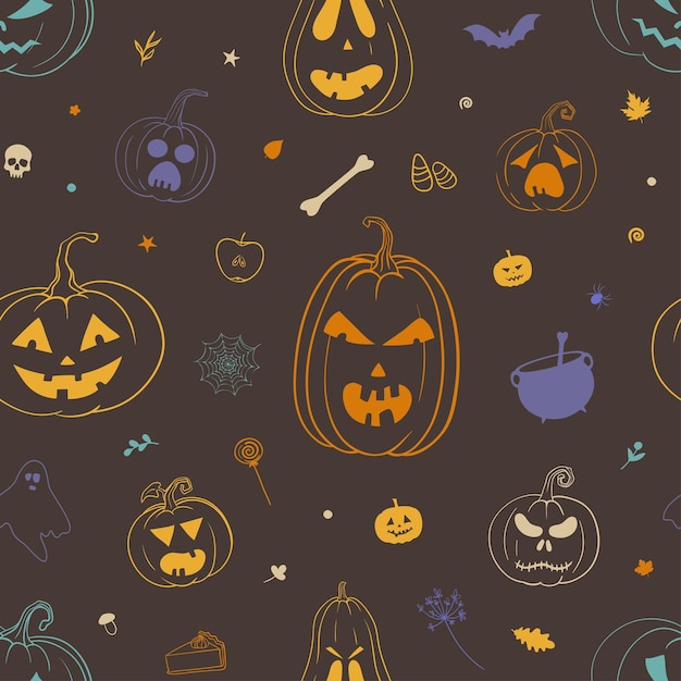 Colorful Halloween pattern with carved pumpkins