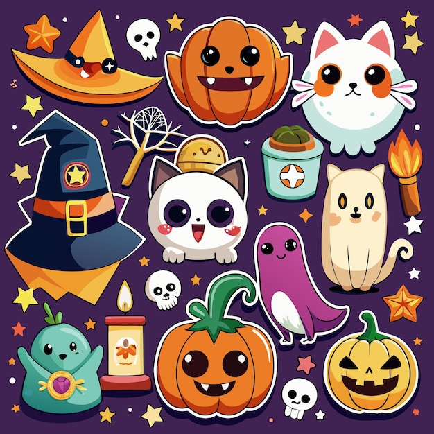 Colorful Halloween stickers with cute pumpkins ghosts and cats on a purple background