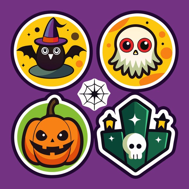 Vector colorful halloween stickers with a pumpkin a bat a ghost and a graveyard