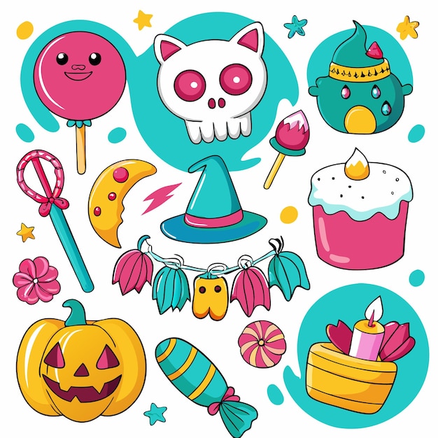 Colorful Halloweenthemed illustrations including treats and decorations