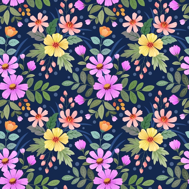 Colorful hand draw flowers on blue seamless pattern  