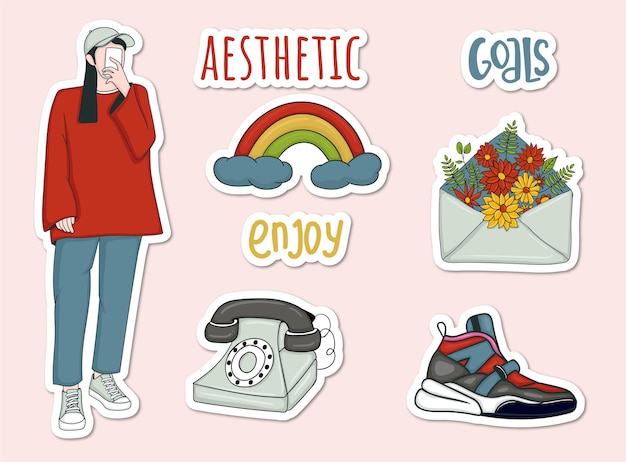 Colorful Hand drawn aesthetic stickers collection