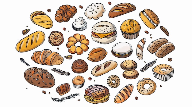 Vector colorful hand drawn bread and bakery goods illustration