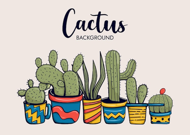 Colorful hand drawn cactus background