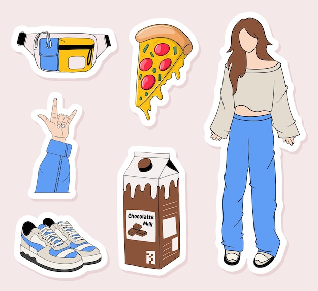 Vector colorful hand drawn cool trendy stickers collection