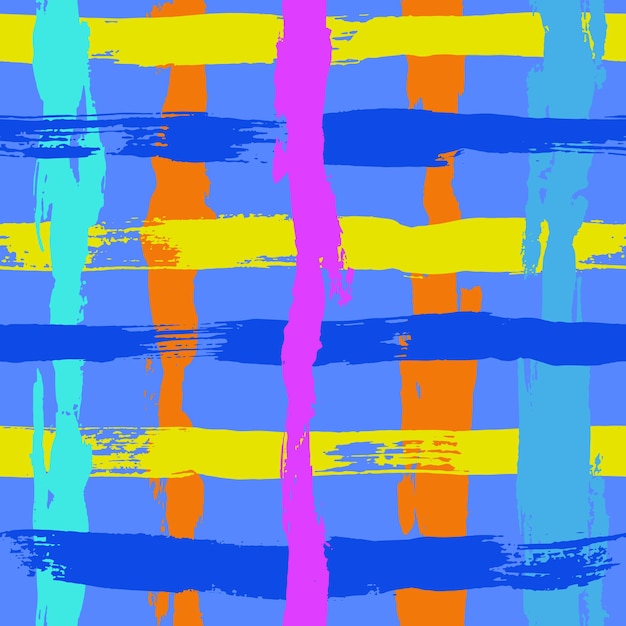 Colorful hand drawn dry brush grid seamless pattern