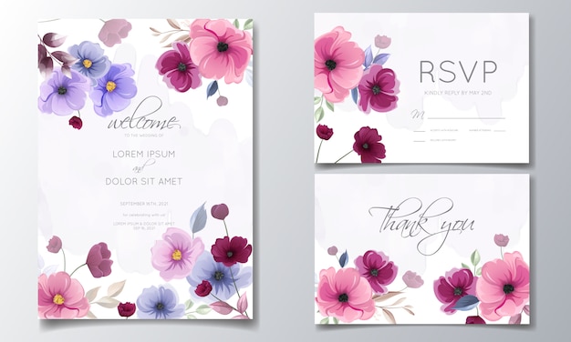 Colorful hand drawn floral wedding invitation card