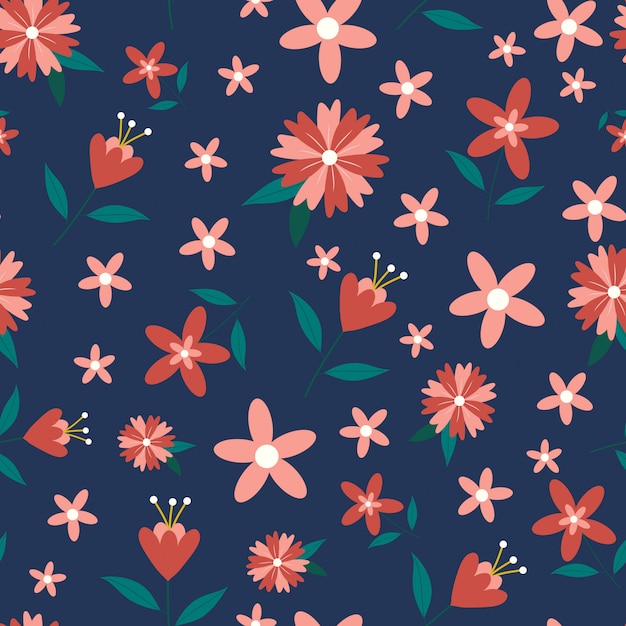 Colorful hand drawn flowers seamless pattern with white background