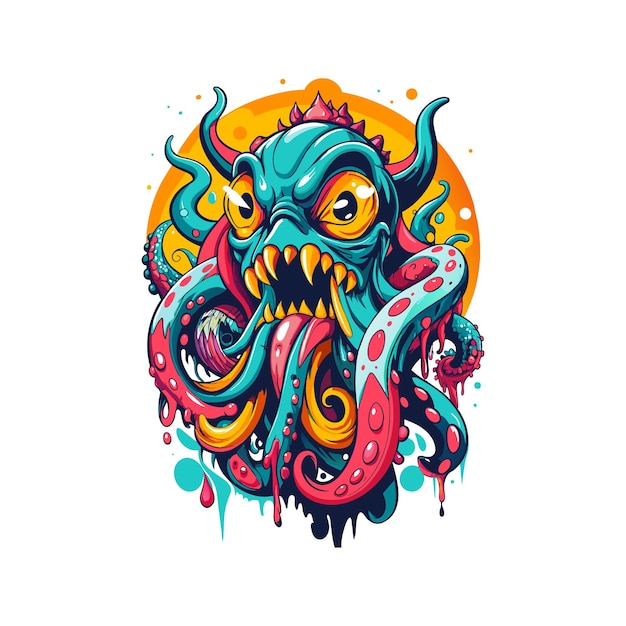 Colorful hand drawn graffiti style octopus illustration concept