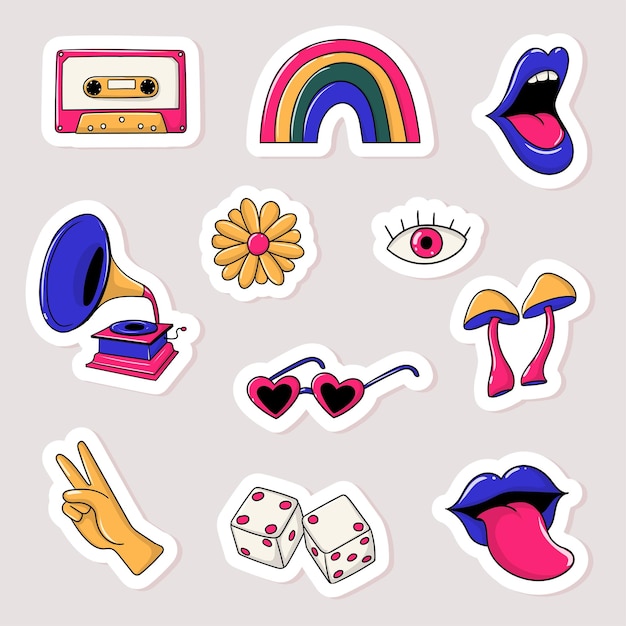 Vector colorful hand drawn groovy element stickers collection