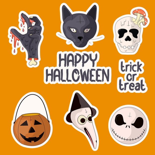 Vector colorful hand drawn halloween sticker pack