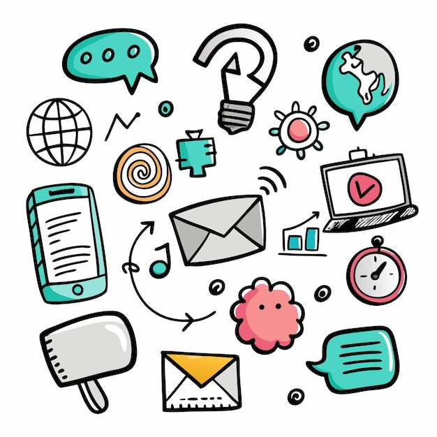 Colorful Hand Drawn Icons Of Communication Technology and Ideas