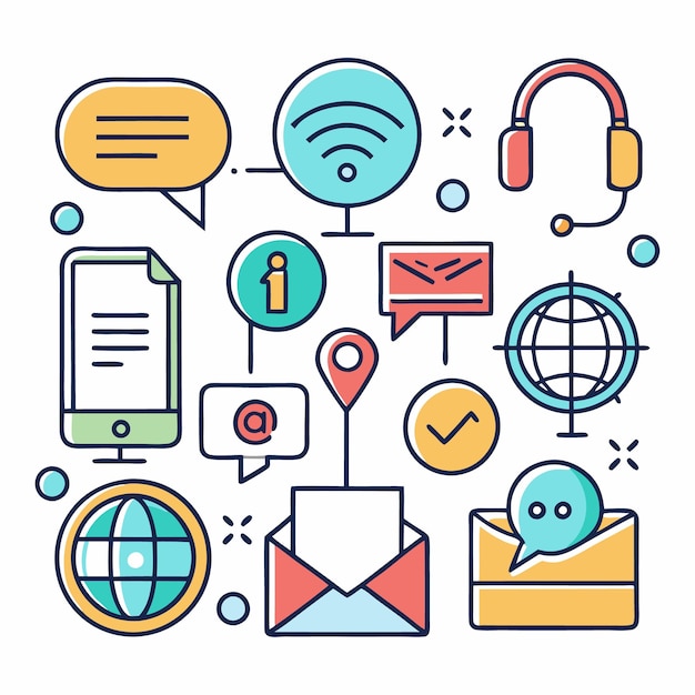 Colorful hand drawn icons representing communication support location internet and document