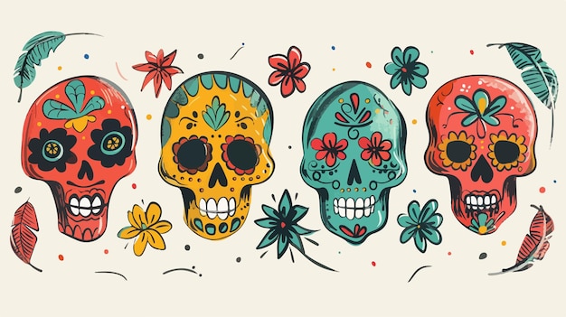 Vector colorful hand drawn mexican skull doodles for day of the dead celebration