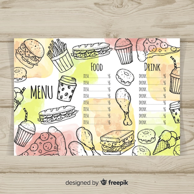 Colorful hand drawn restaurant menu template