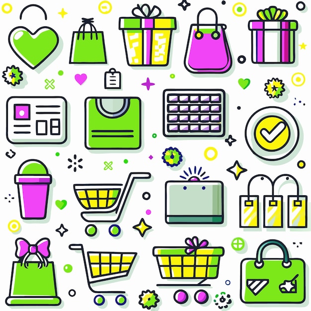 Colorful hand drawn shopping icons on a white background with various shopping elements like bags gift boxes and carts