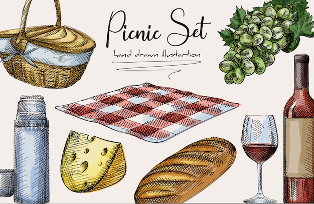 Colorful Hand-drawn sketch of picnic set. The set includes basket, cheese, loaf bread, bottle and glass of wine, thermos and a mug, checkered blanket, grapes. Colorful set