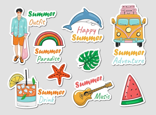 Colorful Hand drawn summer element stickers collection