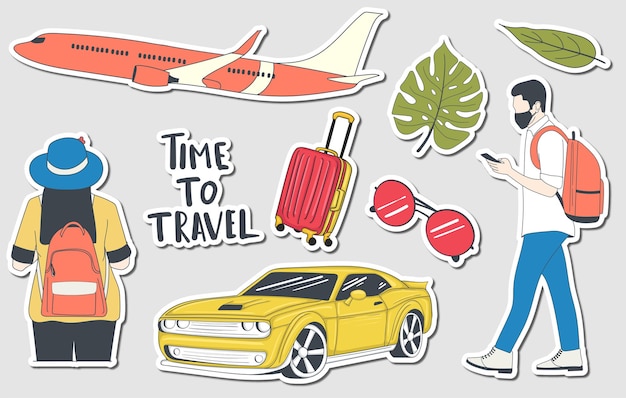 Colorful hand drawn travel stickers collection