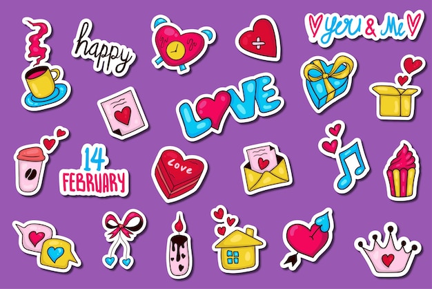 Colorful hand drawn valentine sticker collection