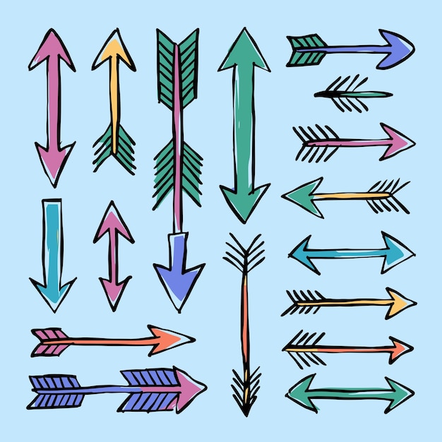 Vector colorful handdrawn arrows pointing in various directions on a light blue background