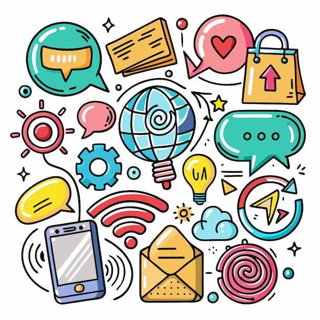 Colorful handdrawn icons for mobile communication social media and digital marketing