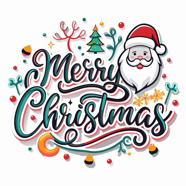 Vector a colorful handdrawn illustration featuring a festive quotmerry christmasquot message surrounded by christmasthemed imagery like santa claus snowflakes and a christmas tree