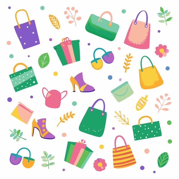 Colorful handdrawn shopping bags purses shoes presents and flowers on a white background