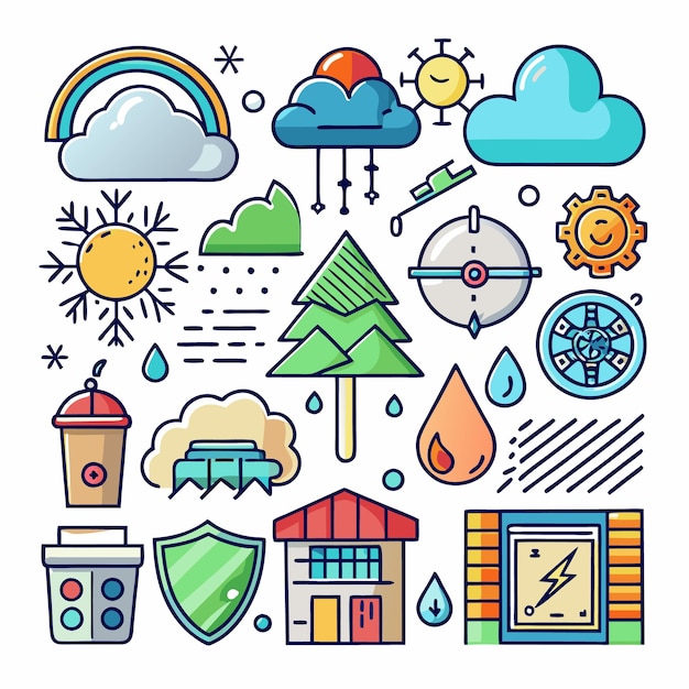 Vector colorful handdrawn weather icons elements and symbols in doodle style