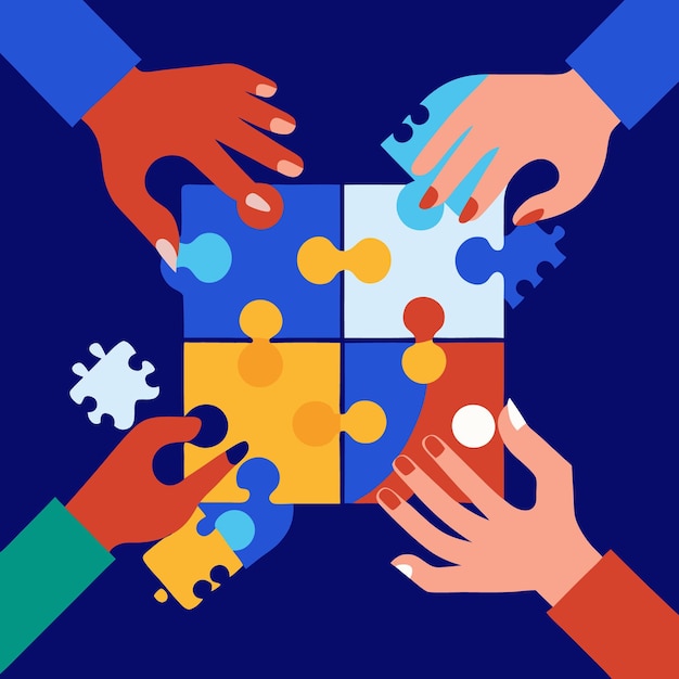 Vector a colorful hands assembling puzzle concept illustration