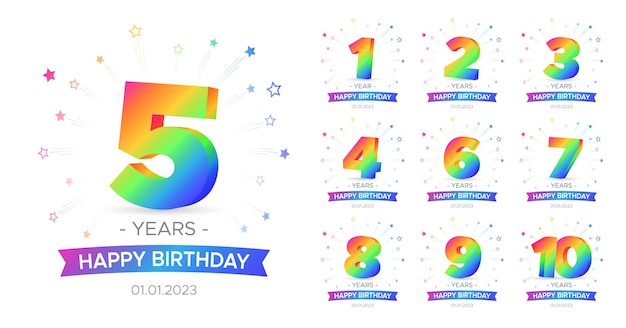 Colorful happy birthday anniversary badges set with rainbow colors stars confetti isolated on white