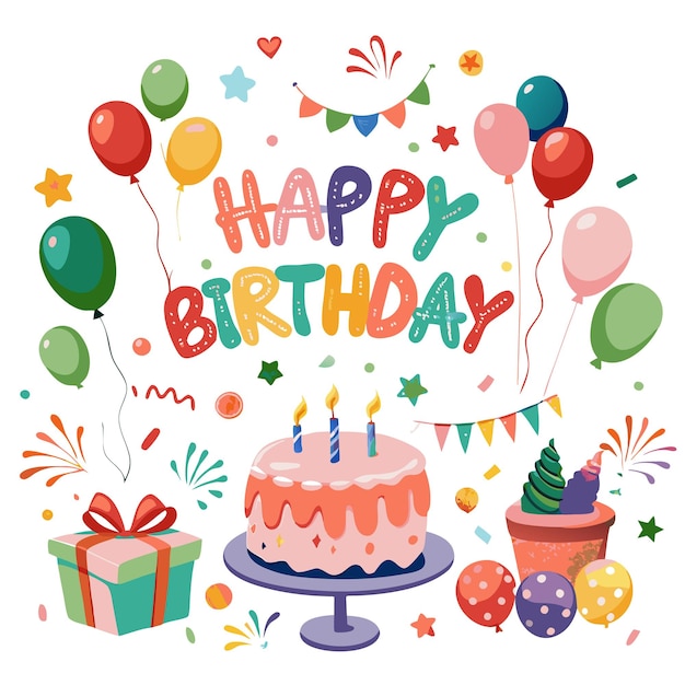 Vector colorful happy birthday celebration with cake balloons and gifts