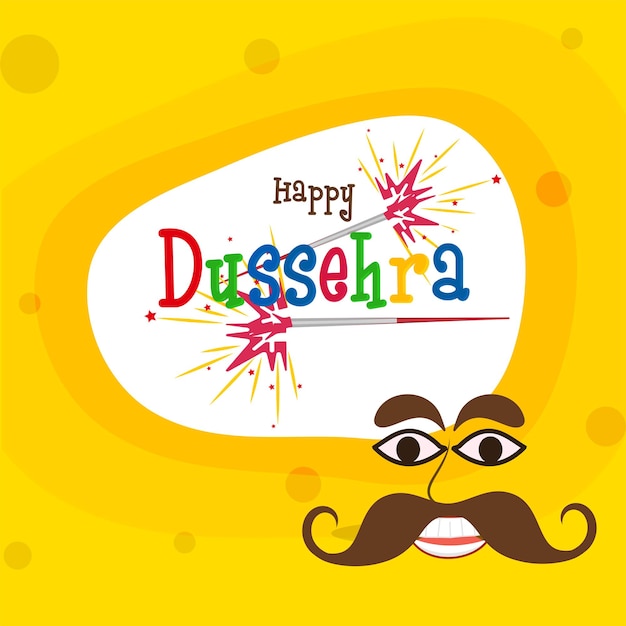 Colorful Happy Dussehra Font With Sparkling Sticks Demon Ravana Face On White And Chrome Yellow Background