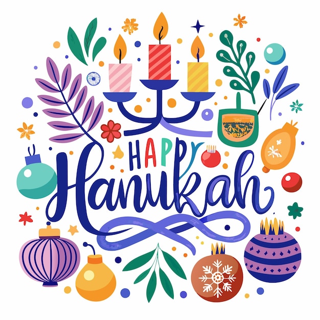 Vector colorful happy hanukkah greeting with candles ornaments and floral elements