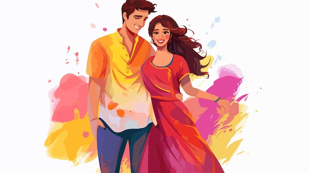 Colorful Happy Holi Background with Traditional Indian Couple