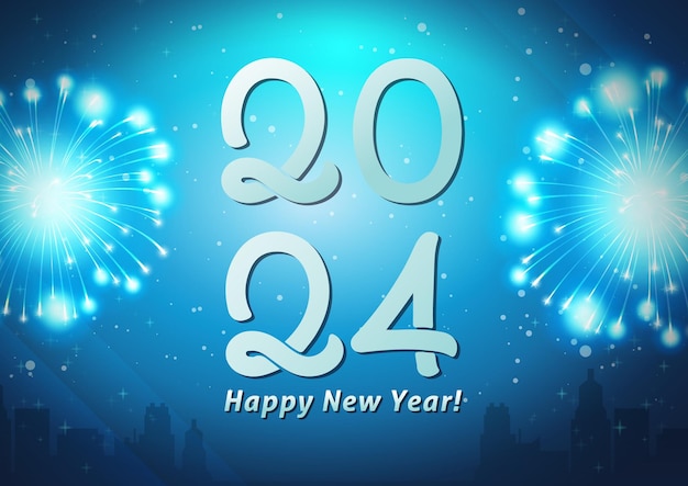 colorful happy new year background with confetti and blue fireworks and lights vector illustration